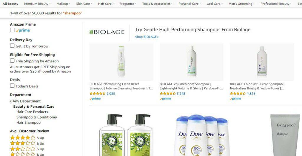A large range of shampoo options on Amazon