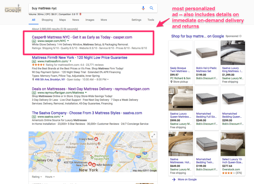 A personalized Google Ad from Casper mattress in the search results for the term: buy mattress NYC