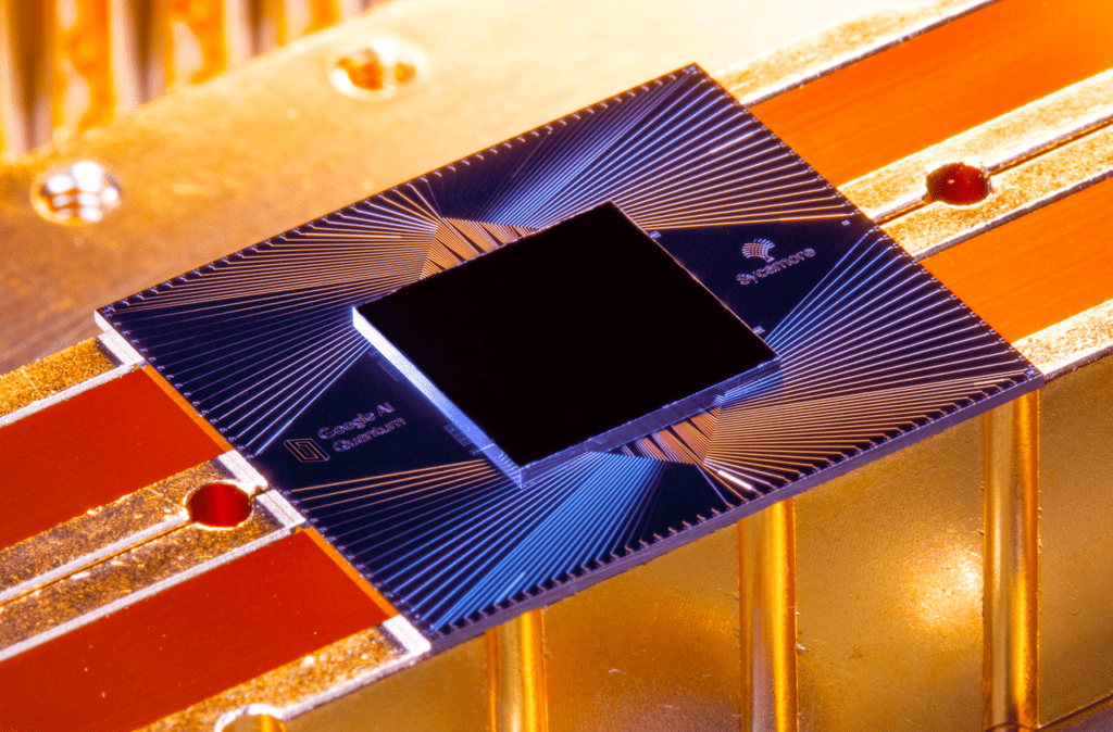 A close-up image of a Google Sycamore processor for quantum computing.