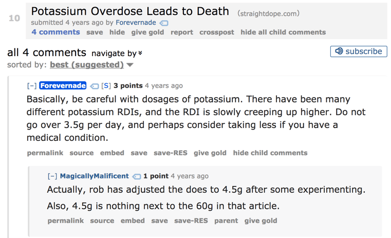 Potassium overdose comments posted by a Soylent user in 2013