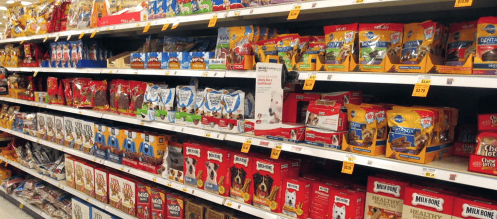 A wide range of pet food products in the store shelves
